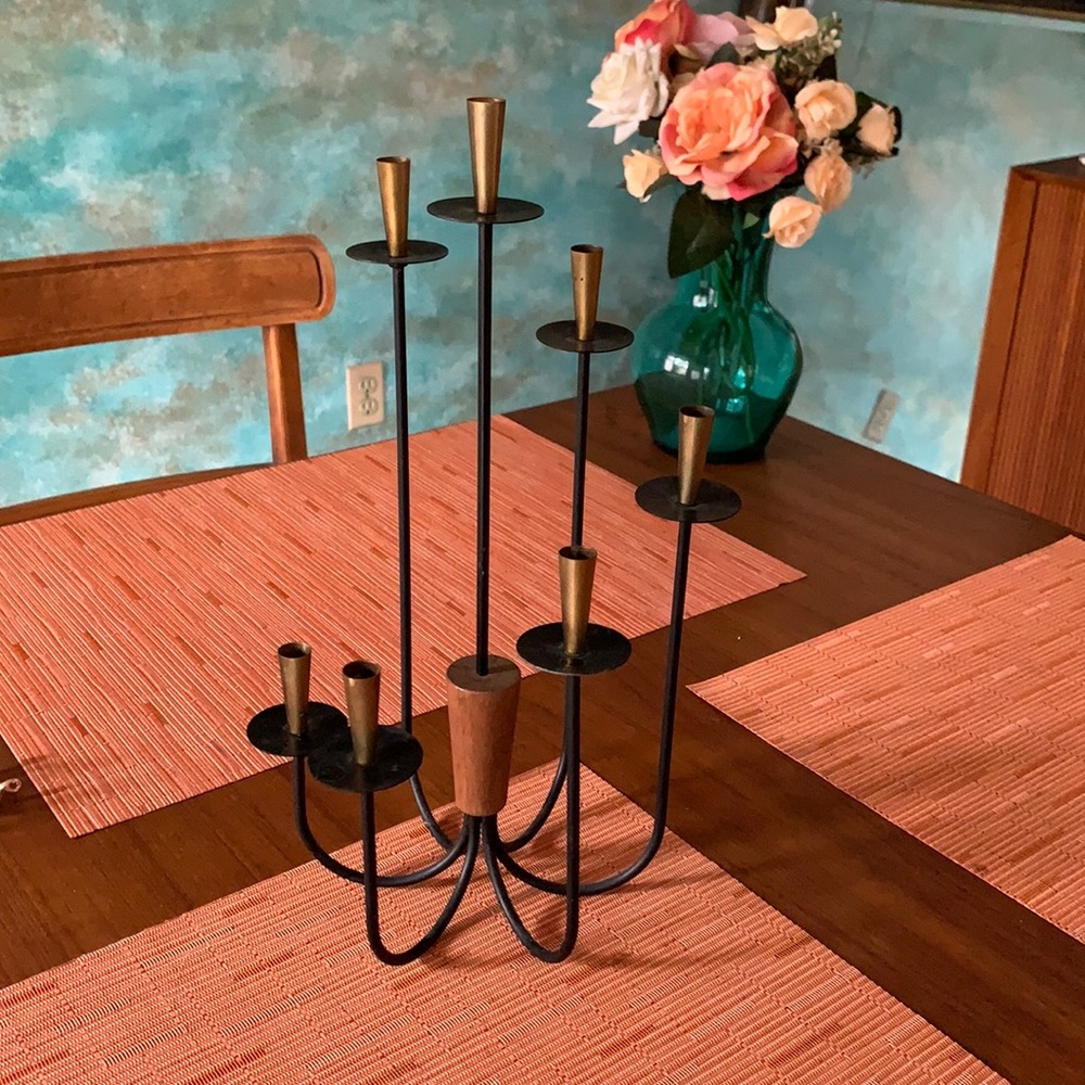 Seven branch candelabra w/candles; teak and iron